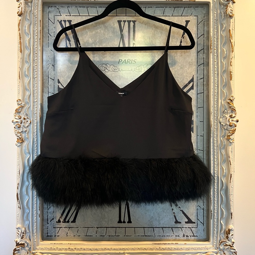Express Black Satin Cropped Feather Trimmed Camisole